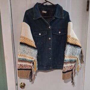 POL Denim Jacket with Colorful Knit Sleeves